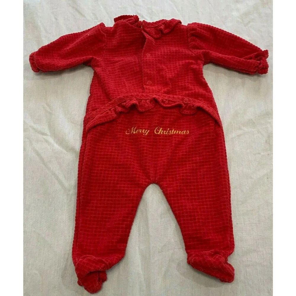 GIRLS VELOUR ONE PIECE MERRY CHRISTMAS ROMPER OUTFIT SIZE 0-3 MONTHS
